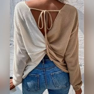 NWT TIE TWIST BACK WAFFLE KNIT SWEATER